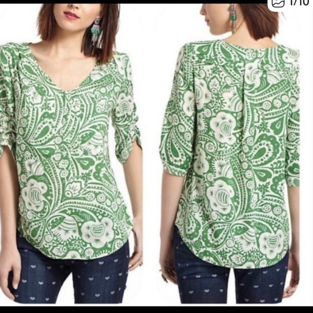 Maeve‎ Anthropologie Charleston Henley Peasant Pattern Blouse green white Small
